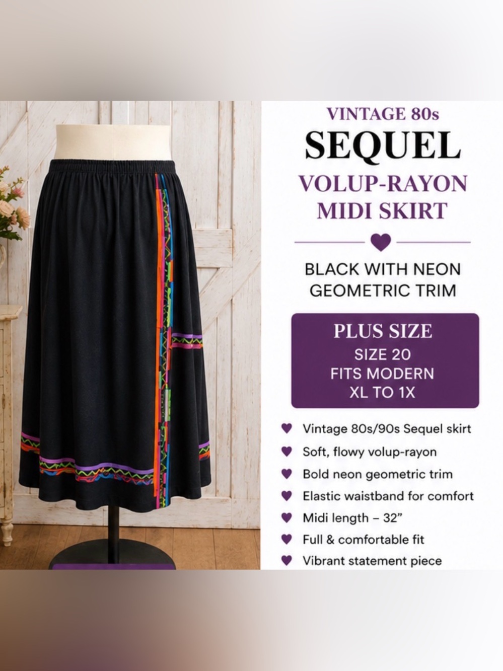 Vintage 80s- Sequel- Volup-Rayon, Black Midi Skirt with Neon Geometric Trim